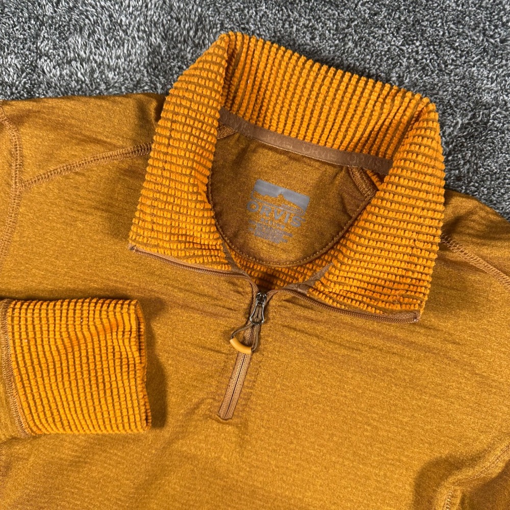 Orvis Pullover Woman's Medium Mustard Yellow 1/4 Zip Grid Waffle Fleece Layering